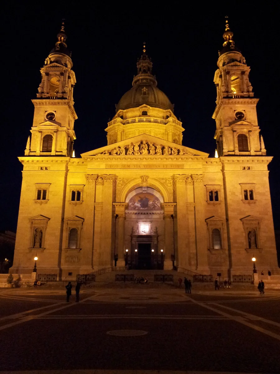 St Stephen's Basilica lit at night during Christmas in Budapest