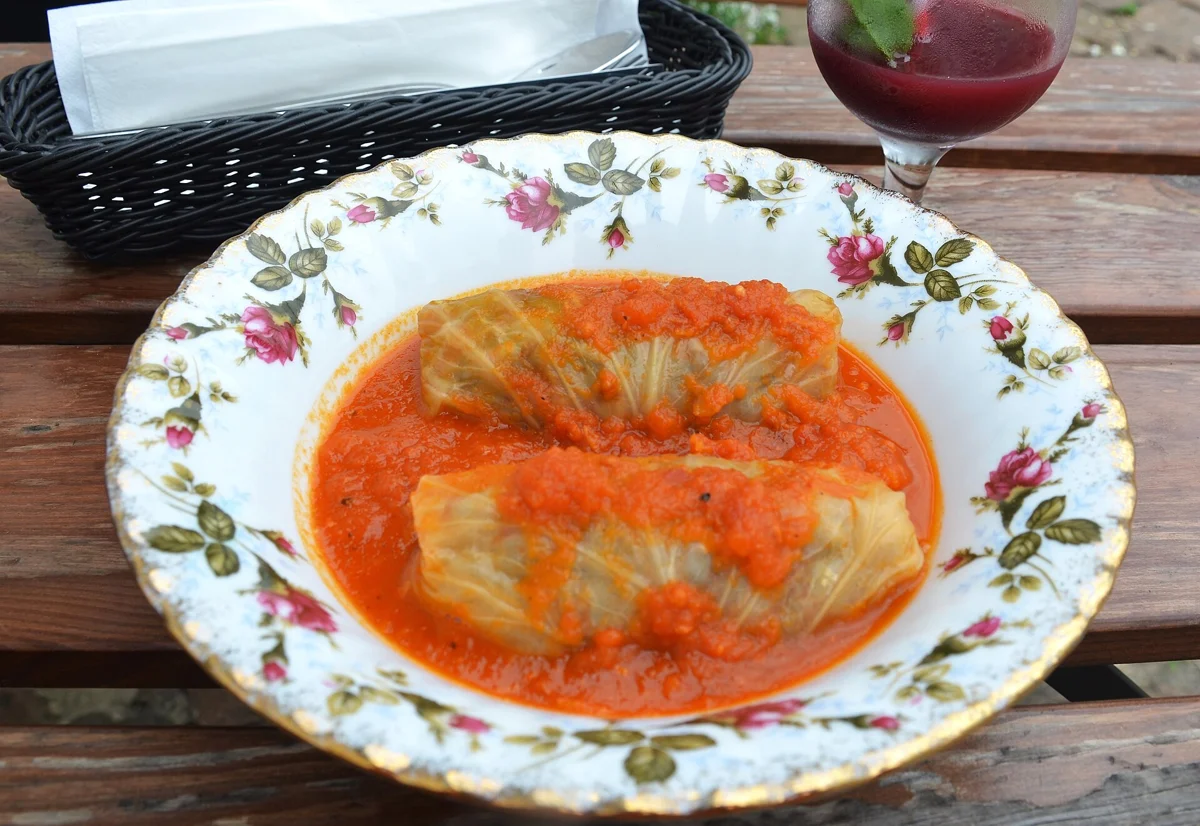 Hungarian stuffed cabbage, a Christmas dish sold with the Budapest chimney cake at the markets