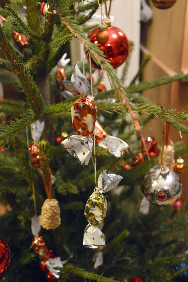 Szaloncukor candies on a Christmas tree, a Hungarian custom of Christmas in Budapest